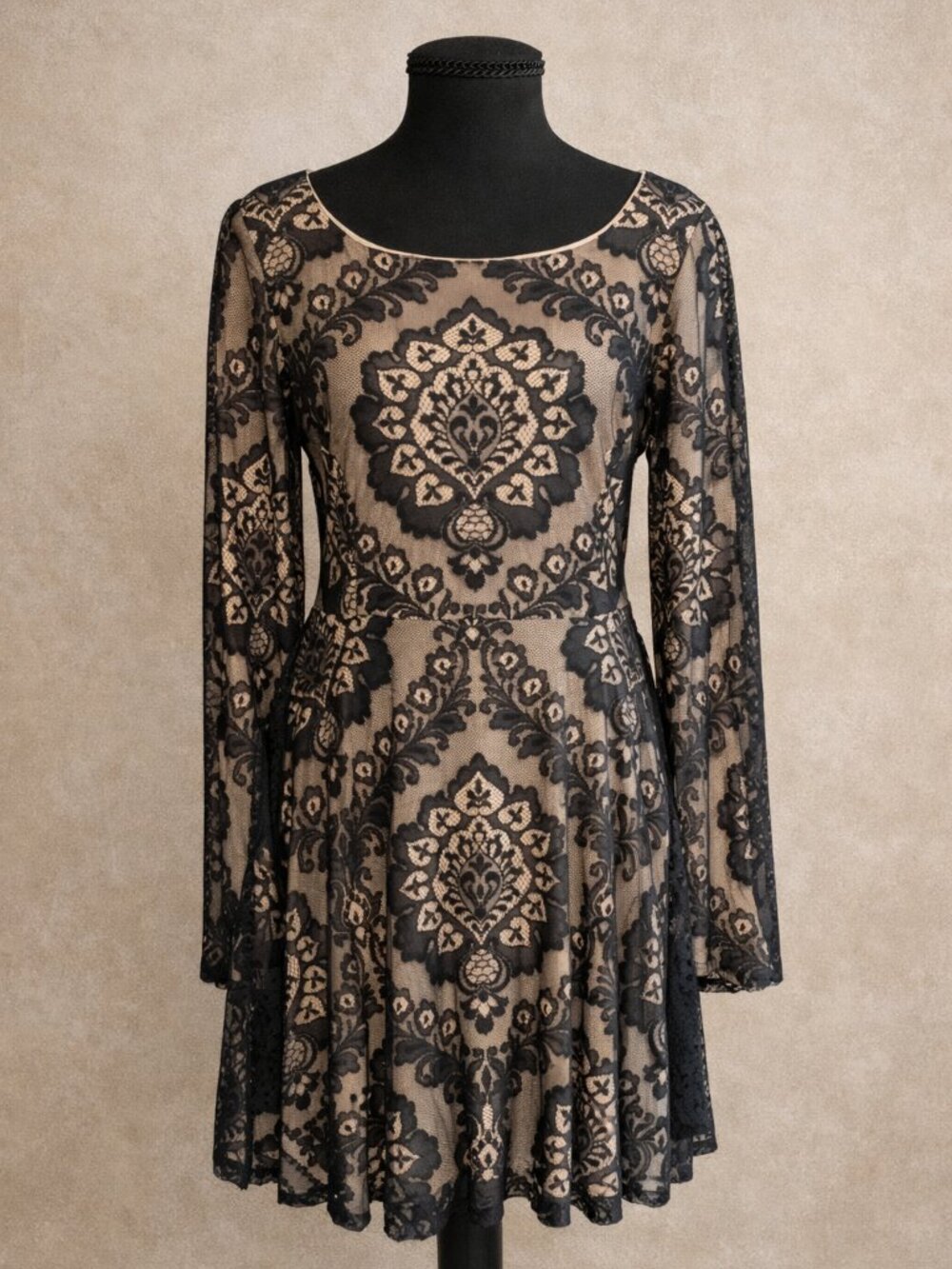 Angie Black Lace Overlay Long Sleeve Fit-and-Flare Dress NWT Large